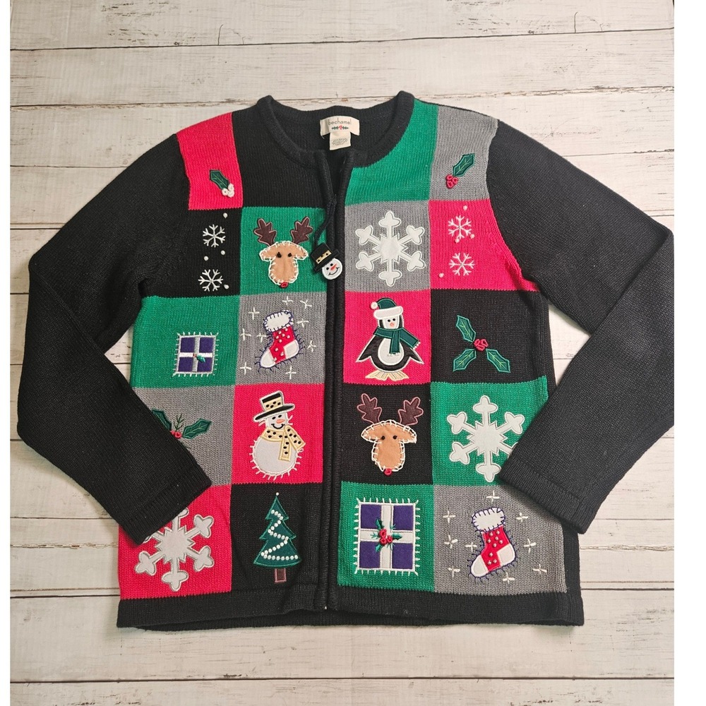 Bechamel Womens M Christmas Cardigan Sweater Black Zip Up Holiday Patchwork